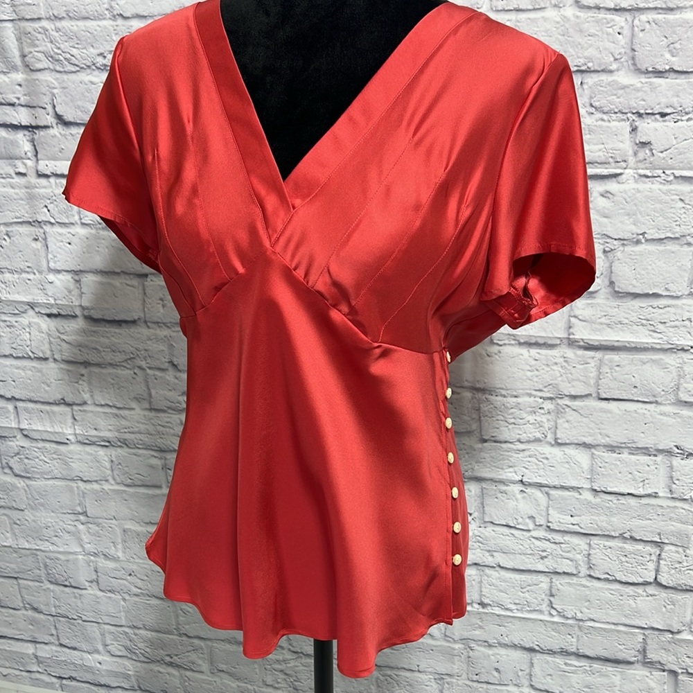 Talbots Red Satin V-Neck Blouse with Side Button Detail